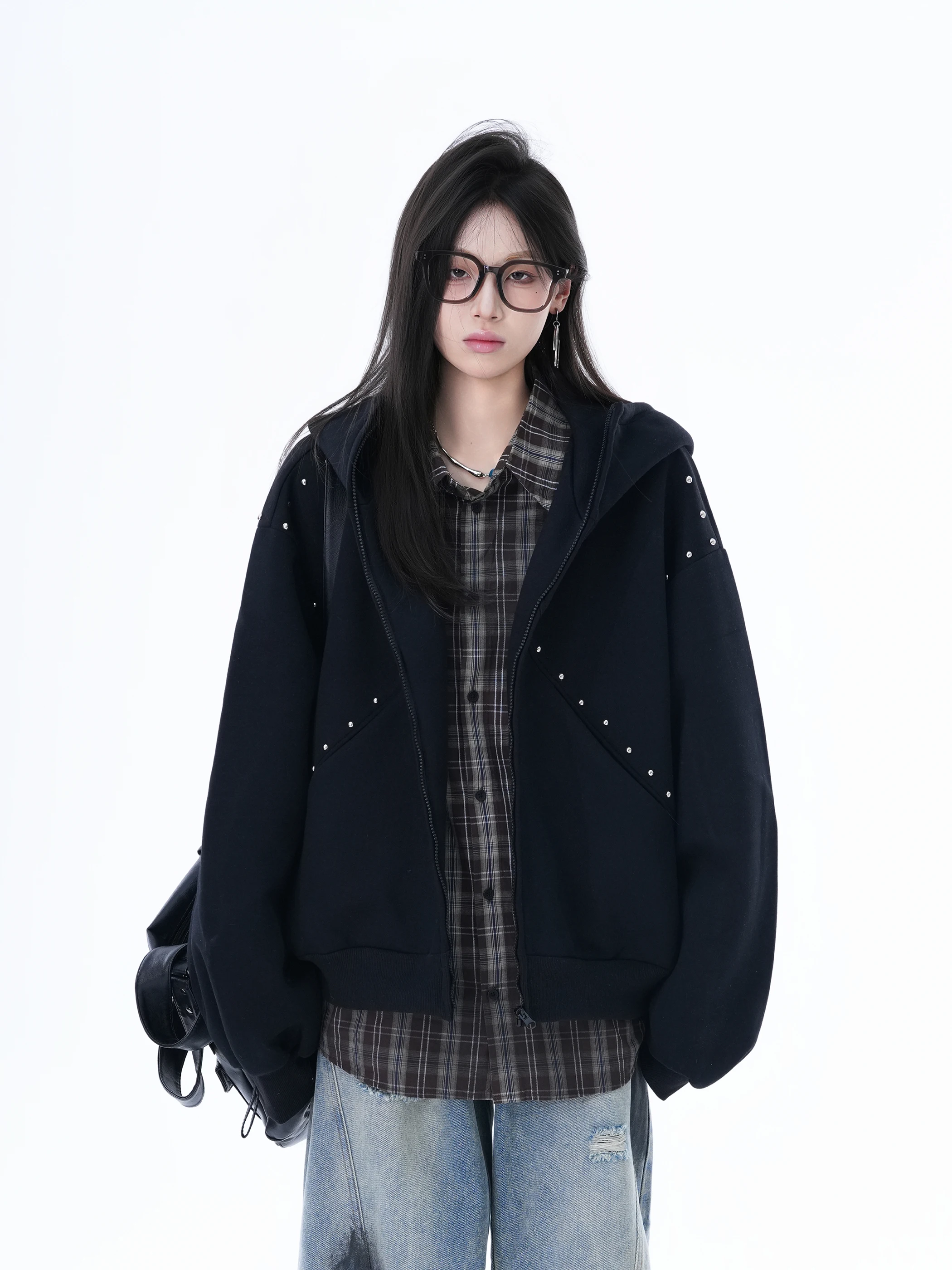 Y2K Subculture American High Street Kartun Rivet Zipper Cardigan Sweatshirt untuk Wanita Jaket Kasual Longgar Trendi
