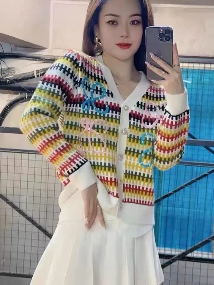 Korean Women Vintage Colorful Striped Embroidery Knit Cardigan Jacket Female Elegant Long Sleeves V Neck Sweater Coat Outerwear