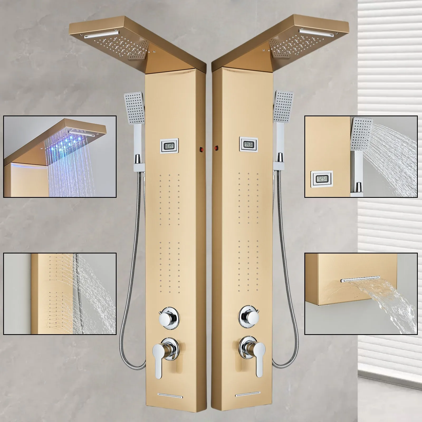 

Матовая золотая светодиодная душевая панель, башенная система, массажные форсунки высокого давления с дождевыми насадками