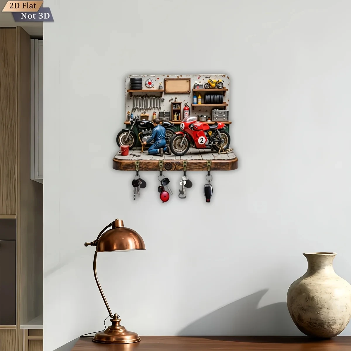 2D Flat, 1pc,  Motorcycle Repair Themed Key Hook, Wooden Multifunctional Home Key Rack, with Four Metal Hooks, Wall Decoration, view 4