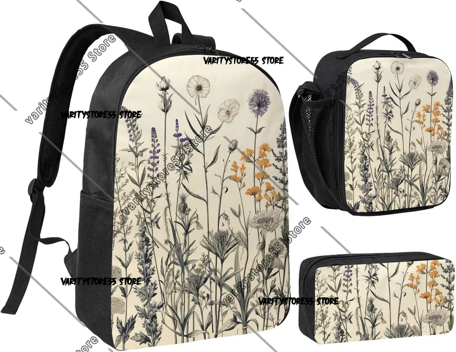 

Floral Herbs Backpack Student Boys Girls BookBag School Bag Laptop Shoulder Bags 3ps Insulated Lunch Bag Pencil Case