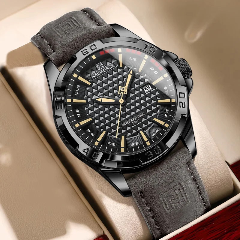 NAVIFORCE Men's Casual Sport Military Quartz Calendar Wrist Watch for Men Leather Water Resistant Clock Relogio Masculino NF8023