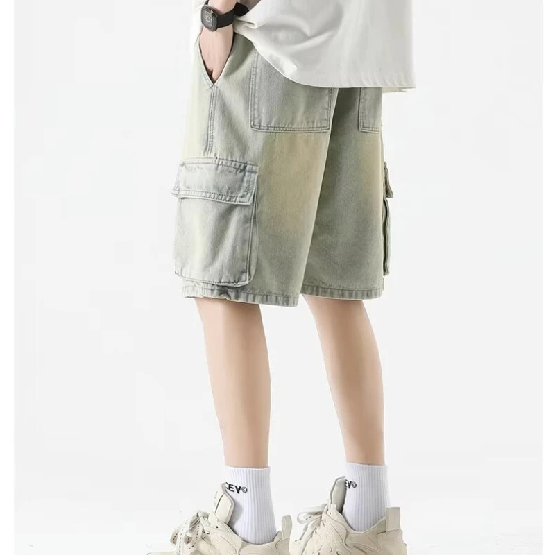 American High Street Multi-pocket Work Denim Shorts Men's Ins Elastic Waist Loose Straight Five-point Pants Baggy Short Jean