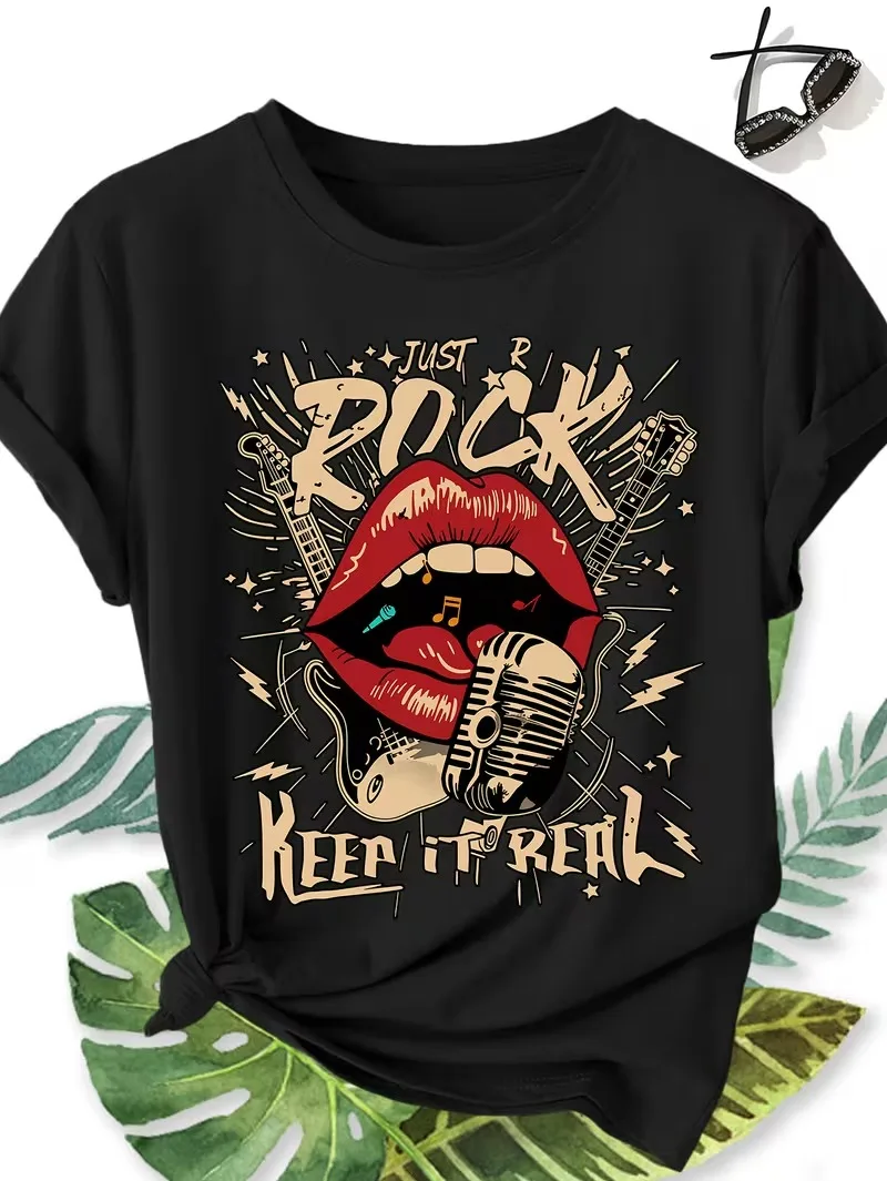 Rock Red Lips Printed Women's T-shirts Fashion Casual Comfortable Daily Round Neck Short Sleeve Tee Tops Harajuku Woman Clothing