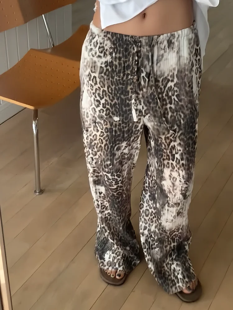 Botvotee Style coréen guépard imprimé pantalon femmes 2025-pantalon à jambes larges taille élastique automne mode coupe ample confortable Chic