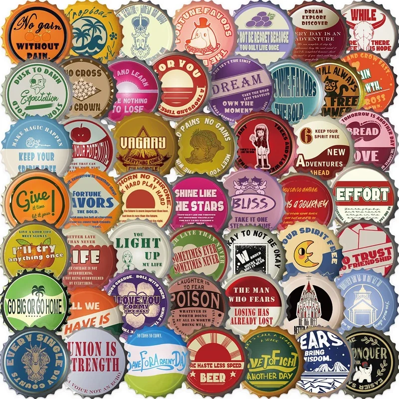 

50PCS Vintage Bottle Cap Pattern PET Phone Sticker Aesthetic Tear Open Colored Decoration DIY Laptop Luggage Graffiti Decals