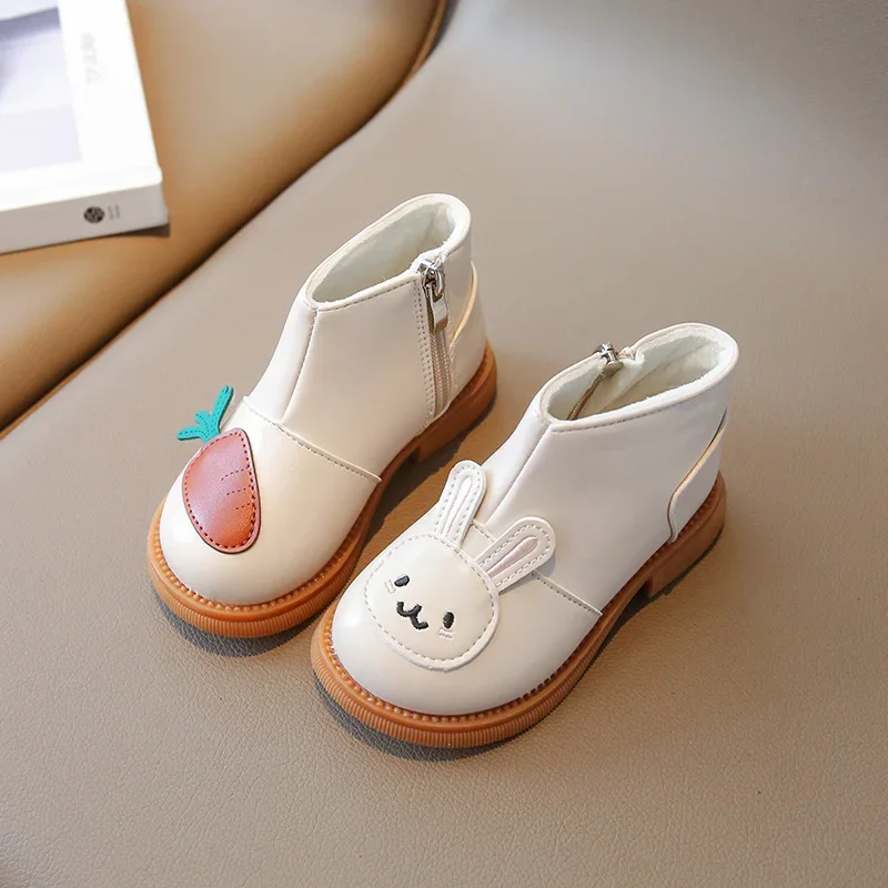 Girls Boots Cute Rabbit Princess Ankel Boots Non-slip Soft Sole Kids Shoes 2023 Autumn Winter PU Leather Warm Short Cotton Boots