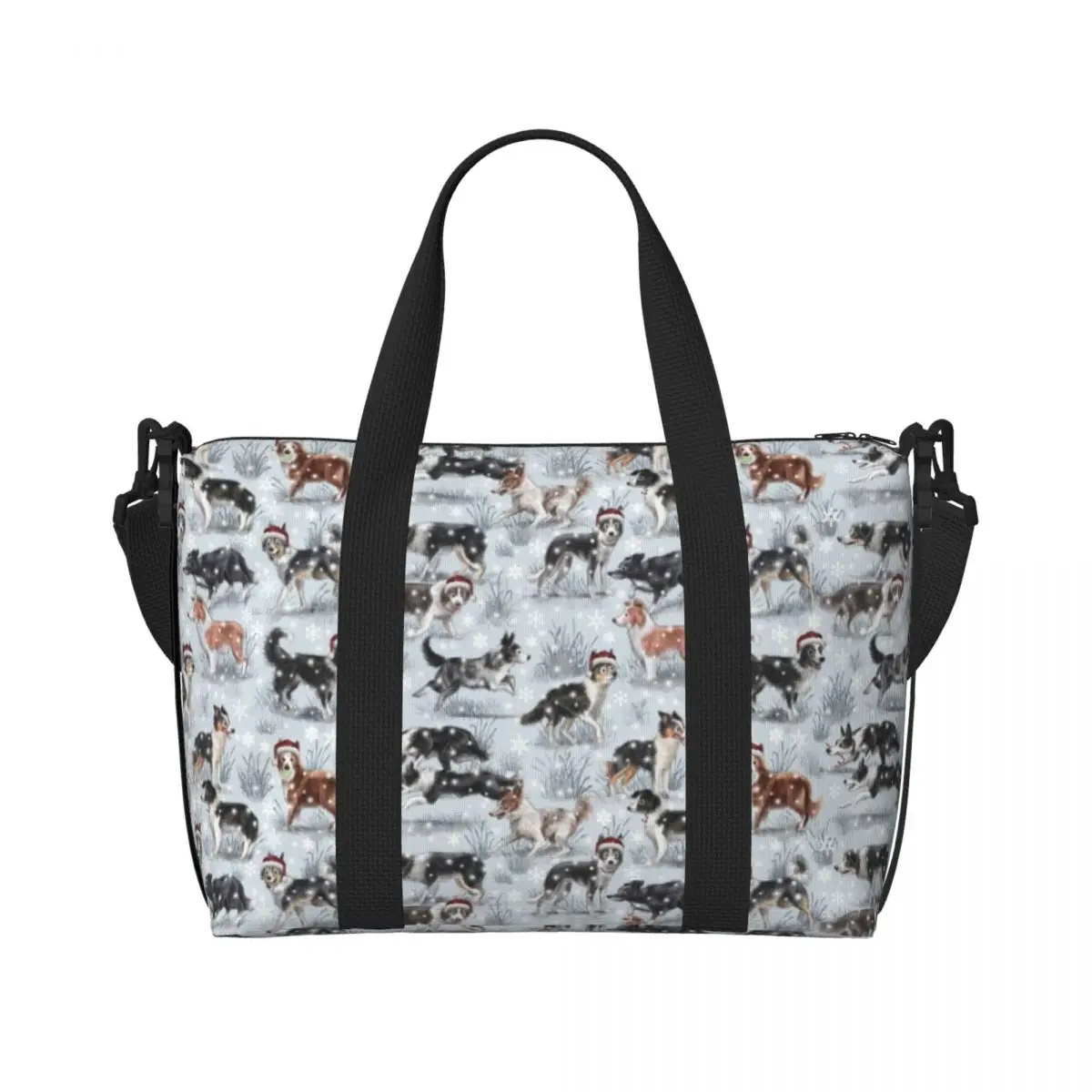 CUSTOM น่ารักคริสต์มาส Border Collie สุนัขร้านขายของชํา Shopping Tote กระเป๋าผู้หญิงขนาดใหญ่ความจุสัตว์เลี้ยงสัตว์ GYM Beach กระเป๋าเดินทาง