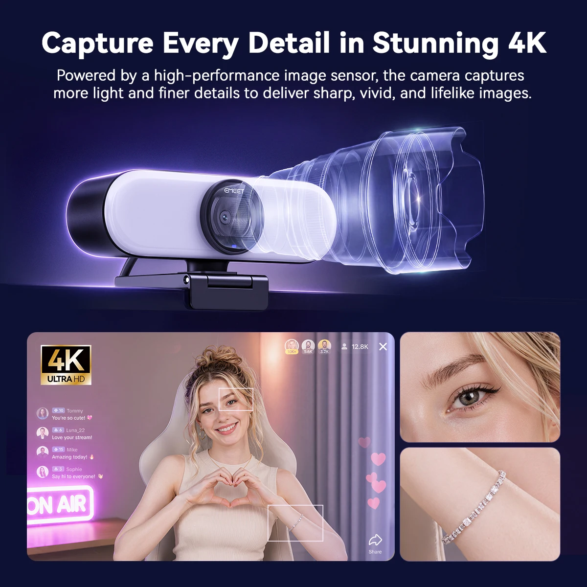 EMEET C60E 4K Webcam with Fill Light, Adjustable Brightness, 73° FOV, 8MP Autofocus PC Camera for Streaming Gaming Video Calls