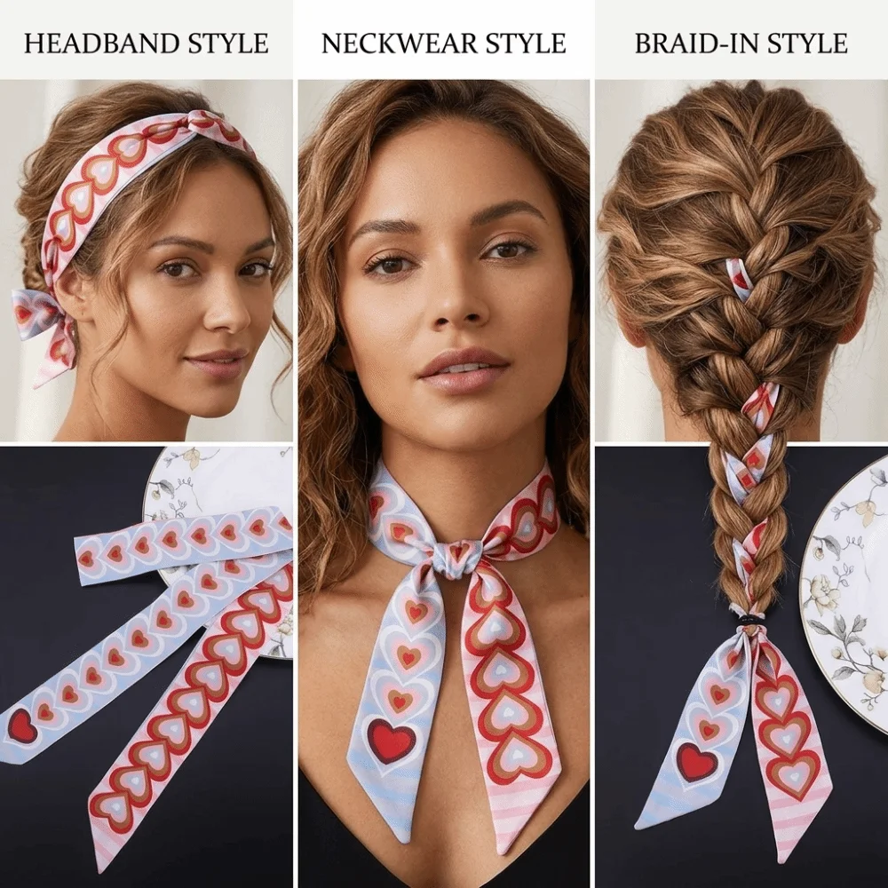 New Striped Slender Scarf Heart Pattern 120cm Length Satin Scarf Small Double Layer Headscarf Accessory Decoration