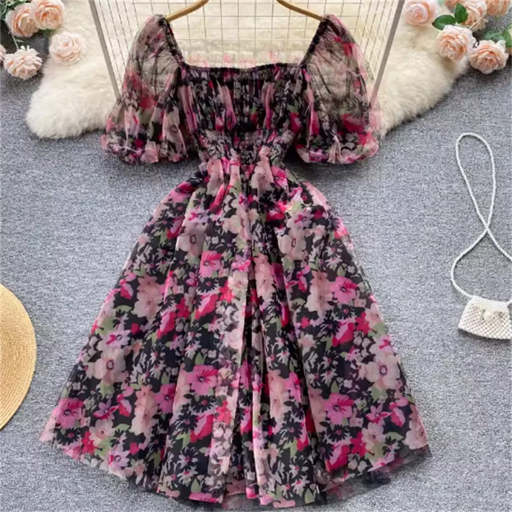 

Net yarn chiffon bubble sleeve dress new summer floral high waist cute fashion dress women