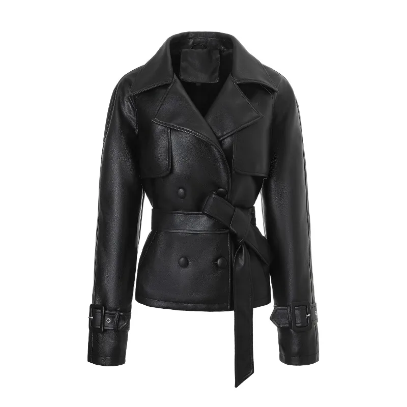 New PU Leather Biker Jacket Women Lapel Collar Double Breasted Adjustable Belt Oversize Solid Fall Winter Trendy