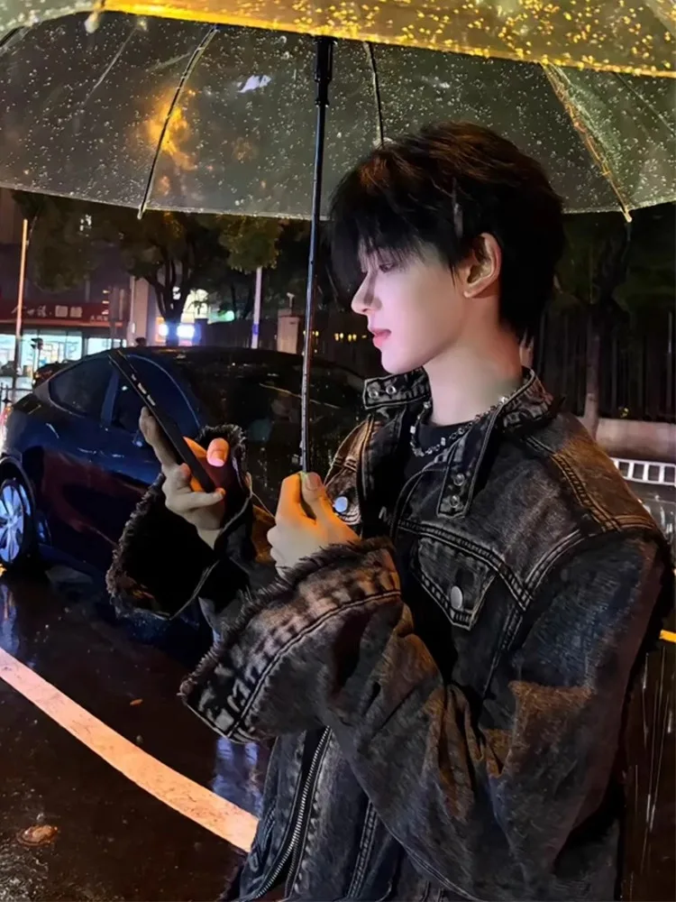 

Retro American Waed Heavy-Du ort Jeans Jaet for Men Youthful Vitali Sle Stand Fit Autumn Wear Resistant Wrinkle