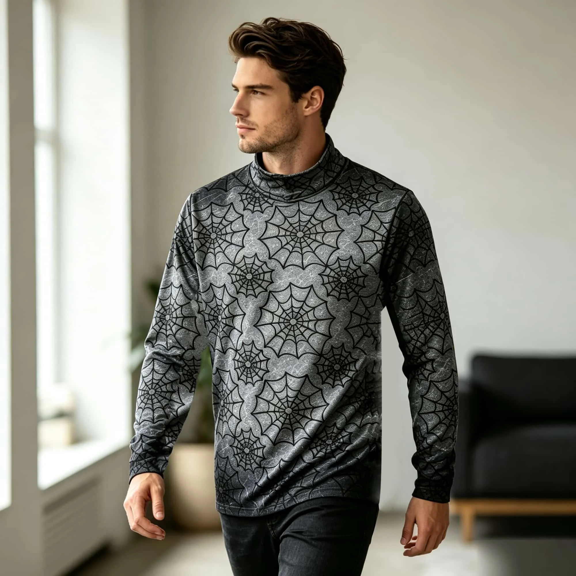Men Minimal Gothic Halloween Mock Neck Long Sleeve Tee Vintage Full‑Print Soft Comfortable Casual Holiday Party Shirt