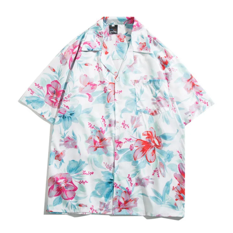 Men Short Sleeve Shirts Y2K Vintage Harajuku Flower Print Streetwear Summer HipHop Retro Hawaiian Holidays Man Loose Tops Shirts image 2