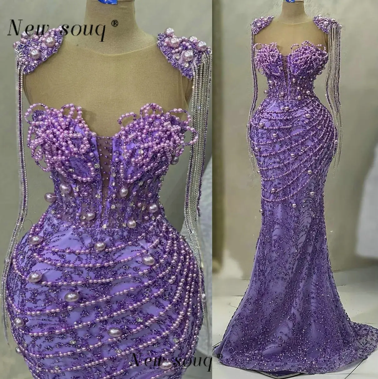 

Lilac Purple Long Mermaid Evening Dresses Pearls Beading Tassel Formal Wedding Reception Party Gowns Female Night Outfits