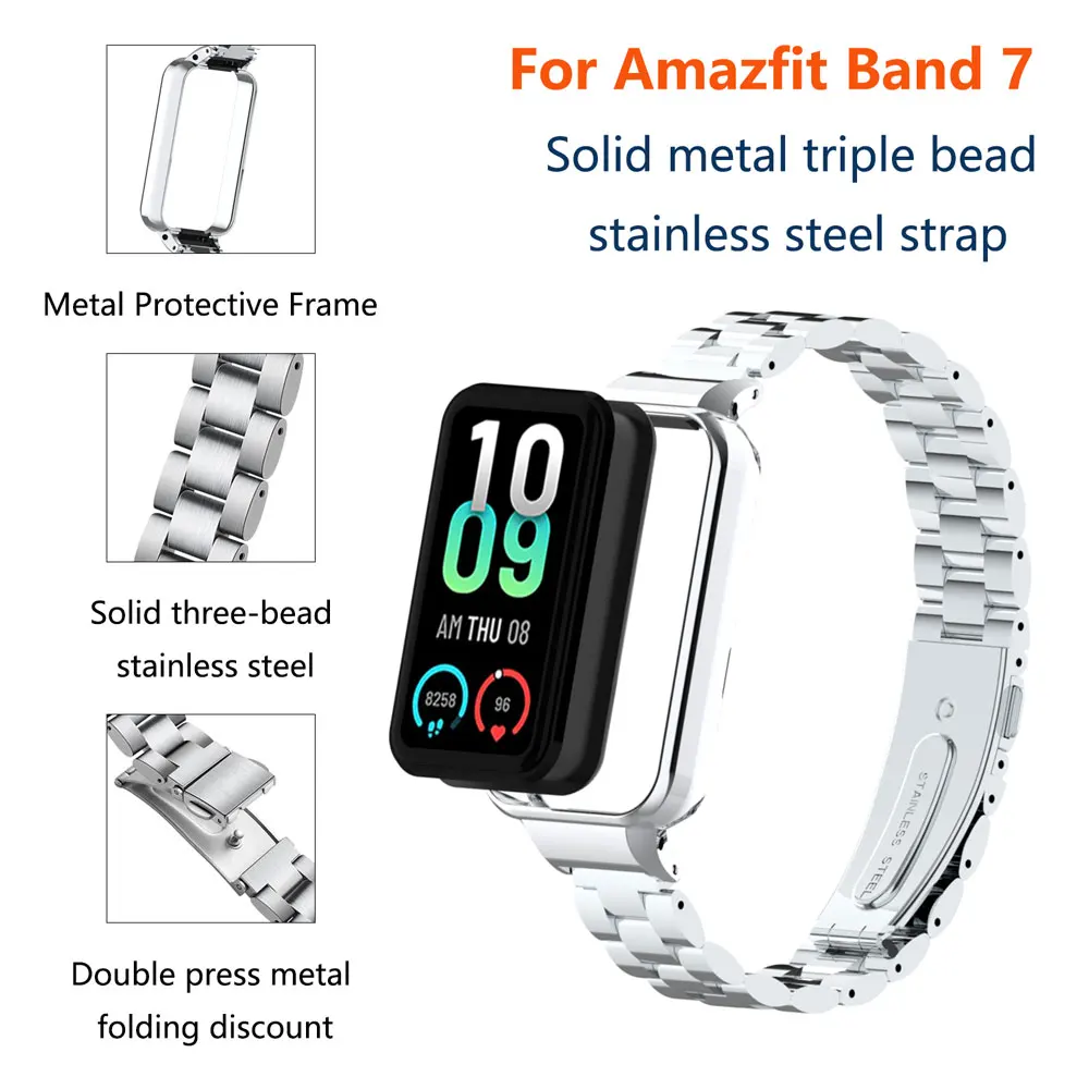 Metal Replacement Strap for Amazfit Band 7, Solid Stainless Steel, Three-Bead Metal Strap, Suitable for Amazfit Band 7