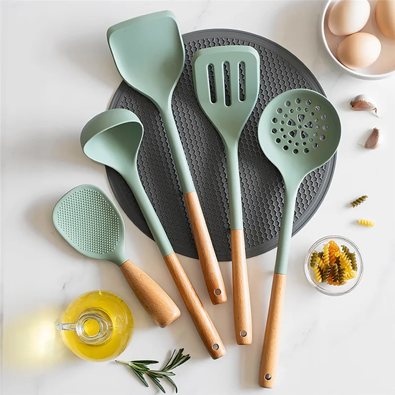 

AB39-5Pcs Silicone Kitchen Utensils Set With Wooden Handle Non-Stick Spatula Cooking Set Frying Spatula Ladle Rice Spoon