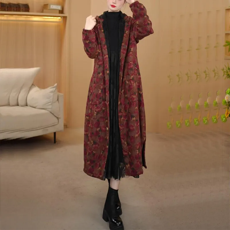 Novo 2025 casaco de trincheira feminino mais veludo grosso outono inverno longo impressão com capuz blusão jaqueta casual manter quente casaco longo