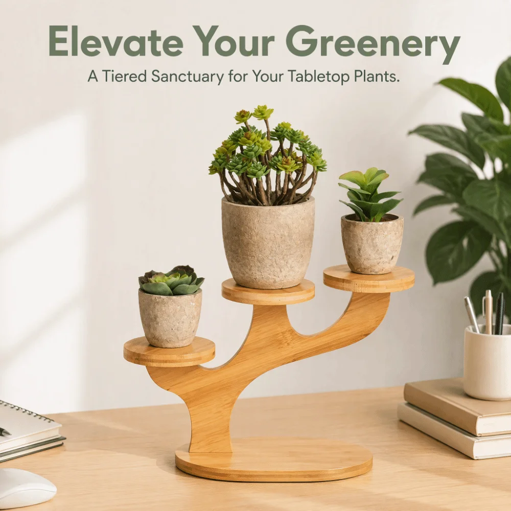 8.66x7.68in Desktop Plant Stand Tree‑shaped Frame Tabletop Placement Bamboo Flower Rack 3‑tier Design Stable Base