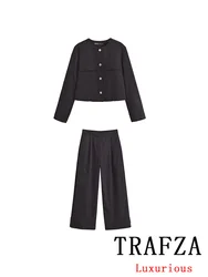 TRAFZA Vintage Chic Solid Women Suit O-Neck Single Breasted Long Sleeve Coat Loose Straight Pants New Fashion 2024 Autumn Suits