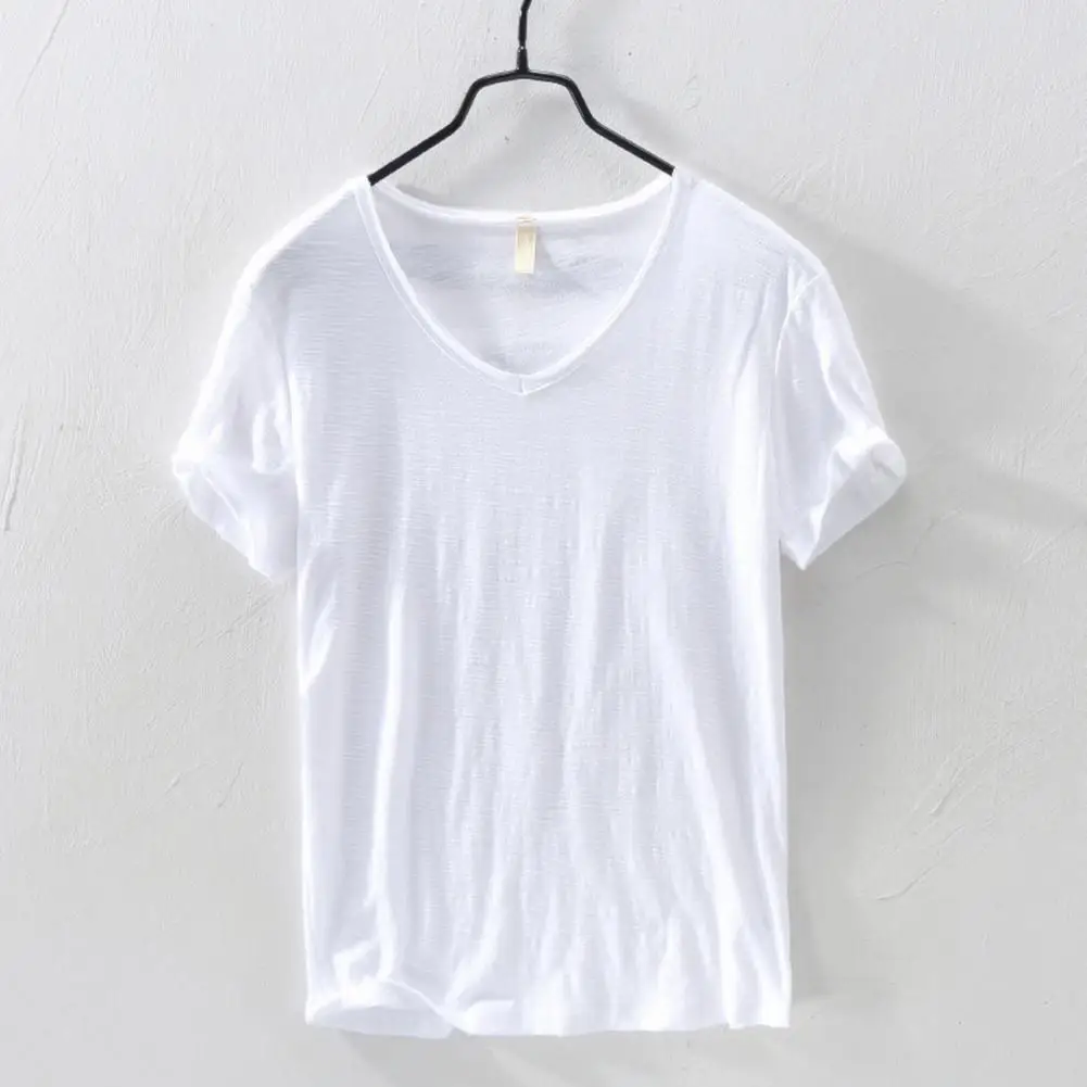 Men T-shirt Men\'s Summer V-neck Breathable T-shirt Lightweight Short Sleeve Solid Color Tee for Casual Wear Everyday Comfort