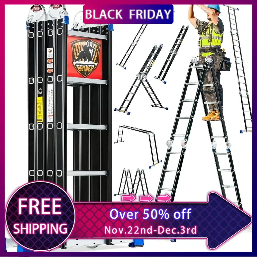 Folding Step Ladder, 19.6ft, 7 in 1 Multi-Purpose Folding Adjustable Telescoping Aluminium Extension Ladders, 330lbs