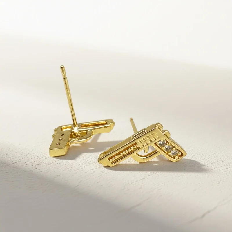 Creative Pistol Shape Cubic Zirconia Stud Earrings For Women Gold Plated Personality Ear Studs Hip Hop Daily Street Party Trendy