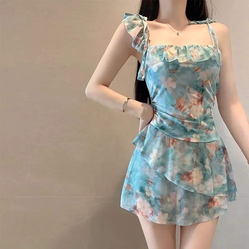 Women's Cute Dopamine Ruffled One Piece Swimsuit Dress Bow Tie Ruched Tummy Control Flared Skirt Swimwear for Beach Hot Spring