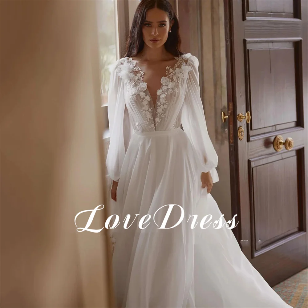 Amore elegante applique in pizzo chiffon a-line abiti da sposa maniche lunghe a sbuffo profondo scollo a V a-line senza schienale lunghezza del pavimento personalizzato