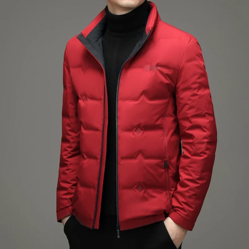 Chaqueta de plumón ligera para hombre, chaqueta gruesa de plumón de pato cálido, abrigo rojo ligero informal de lujo, invierno 2024