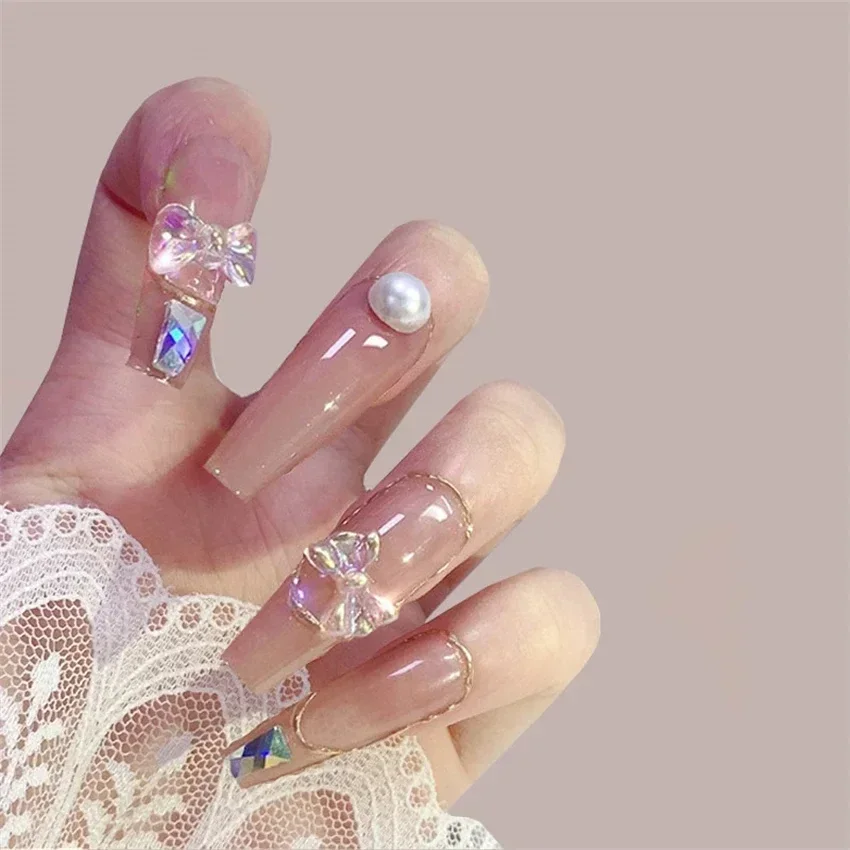 

24Pcs Nude Long Coffin Fake Nails 3D Bow Pearl Design False Nail Art Full Coverage Waterproof Removable Artificial Press on Nail