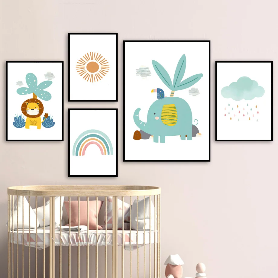 

Safari Jungle Animal Wall Art Canvas Kids Playroom Decor - Giraffe Monkey Lion Sun Nordic Nursery Poster