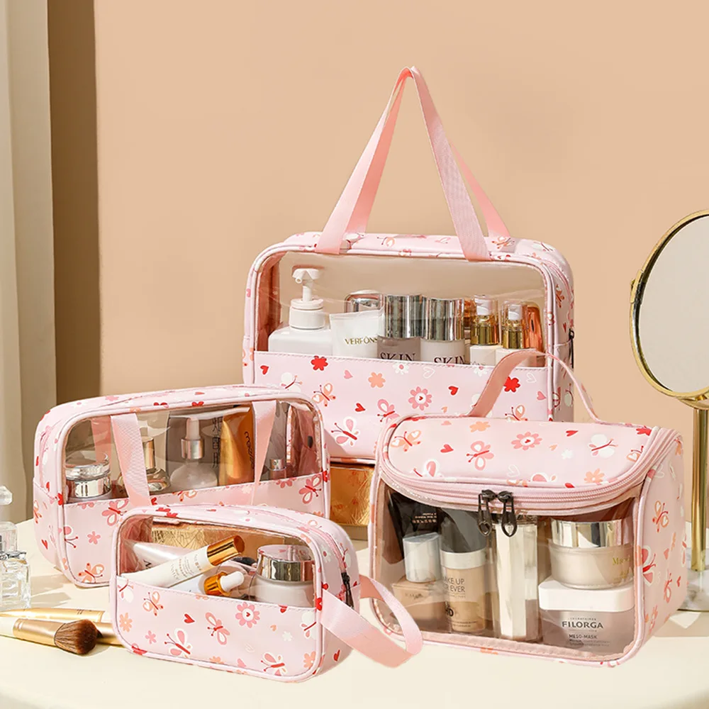 

4PCS Floral Transparent Makeup Bag Waterproof Toiletry Bag Large-Capacity Travel Organizer Handheld Portable Cosmetic Bag