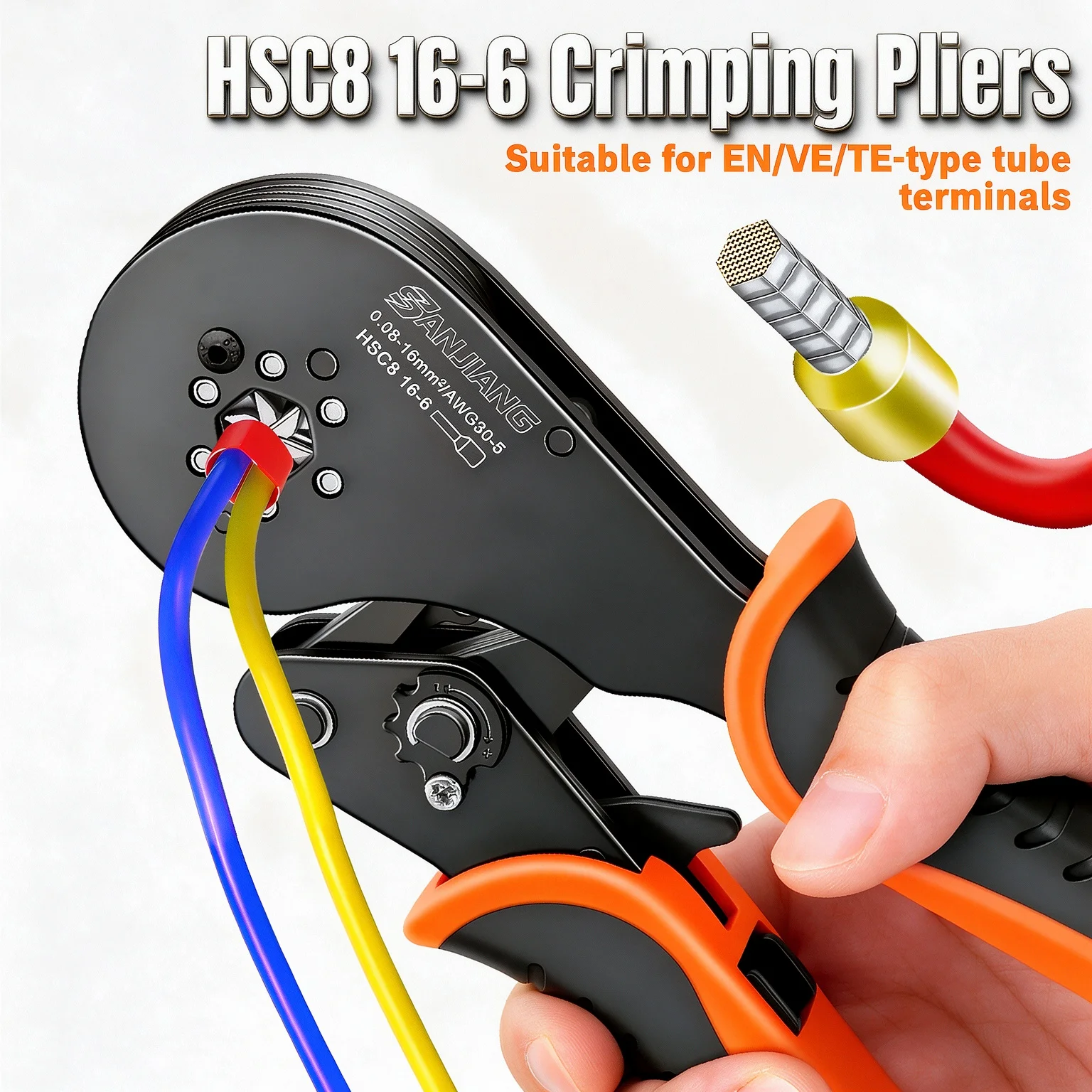 HSC8 16-6 Ferrule Crimping Tool Self Adjusting Ratchet Hexagonal Crimper 0.08-16mm2 30-5AWG Tubular Terminal Cable End Sleeves