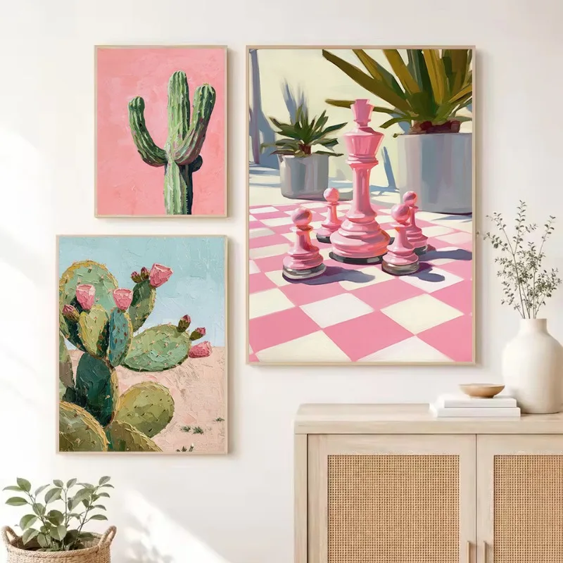 Retro Girly Pink Cowgirl Cactus Bathtub Chess Pieces Leaves Poster Canvas Painting Wall Art Pictures Home Decor Gift