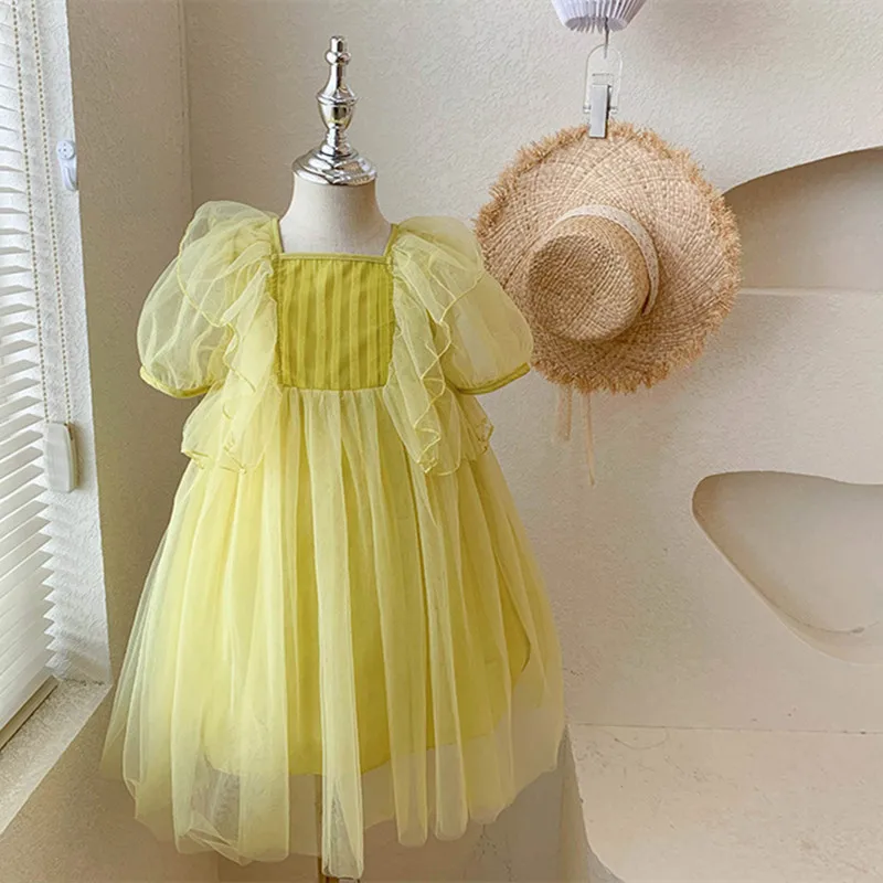 

2024 Bubble Sleeves Baby Girl Dress Birthday Party Children Clothing Solid Color Comfortable Square Collar New Princess Dresses