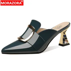 MORAZORA 2024 New Size 34-41 Pointed Toe Genuine Leather Slippers Ladies Mules Summer Shoes Rhinestone Thick Med Heels Slippers