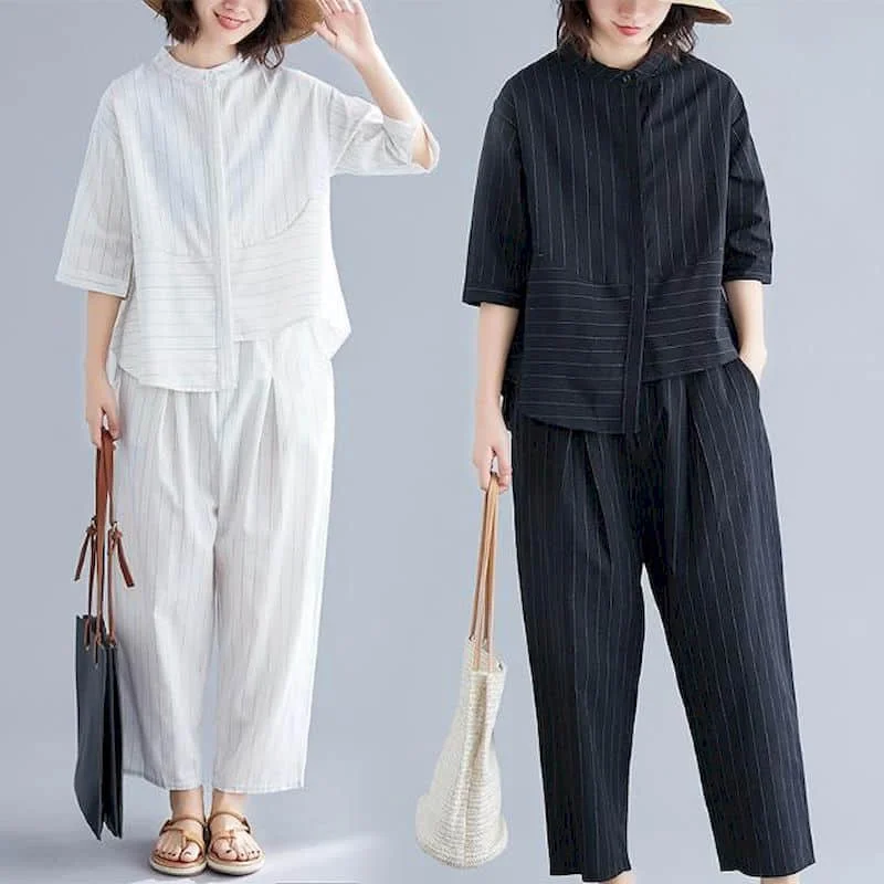 Literature Pants Sets Vintage Half Sleeve Striped Shirts Casual Harem Pants Oversized Korean Style Two Piece Sets Women Outfits