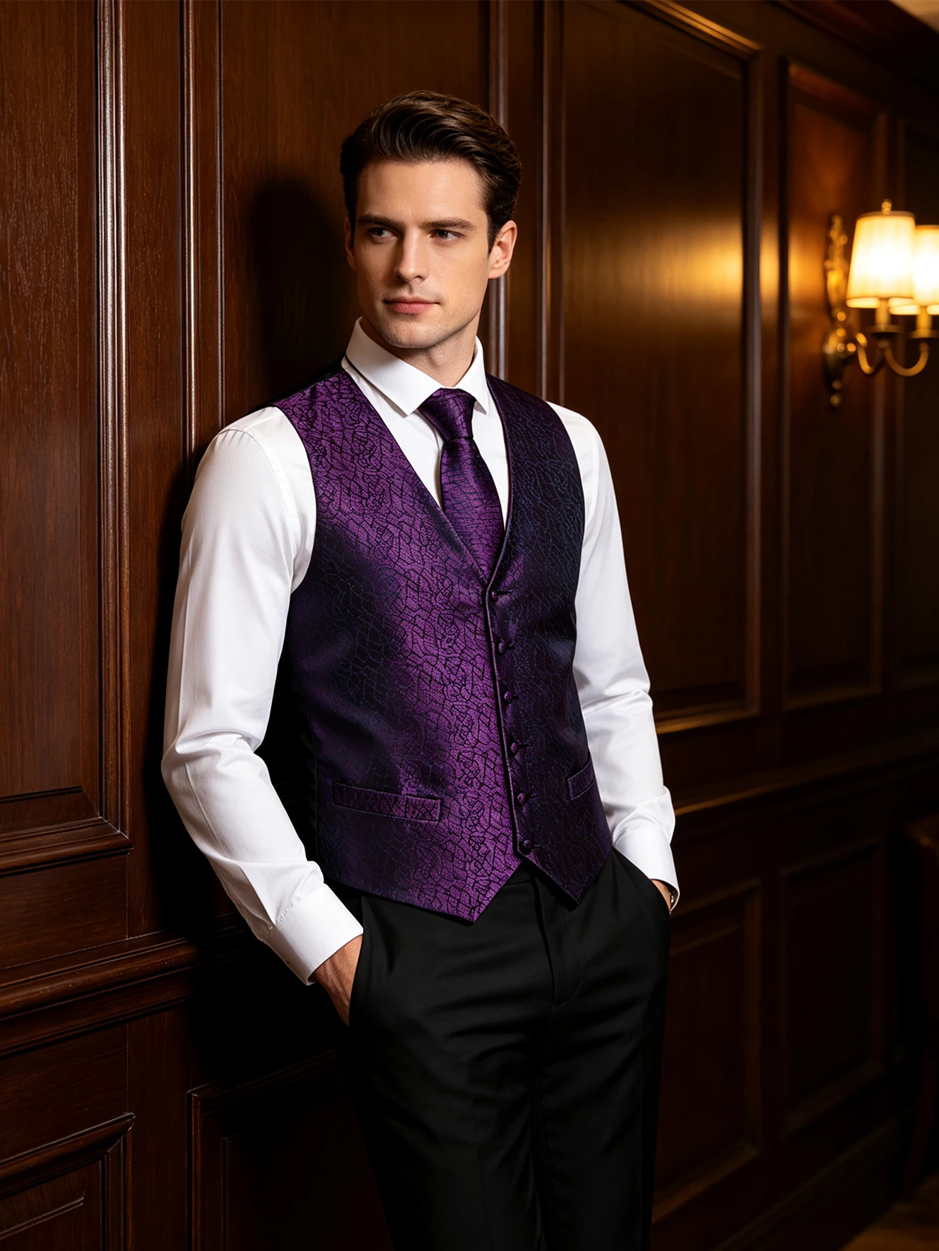 Purple Crack Pattern V-Neck Waistcoat 4-In-1 Kit Tie Square Cufflinks For Theme Party Stage Performance