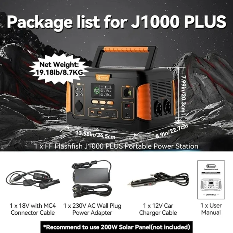 

J1000 PLUS Portable Power Station, 932Wh Solar Generator, 1000W Battery Source, 60W DC, PD, Outdoor Camping, 125W