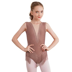 Kids Girls Ballet Dance Leotard Sleeveless Gymnastics Rhinestone Jumpsuit Gym Bodysuit Dance Figure Ice Skating Costume Show