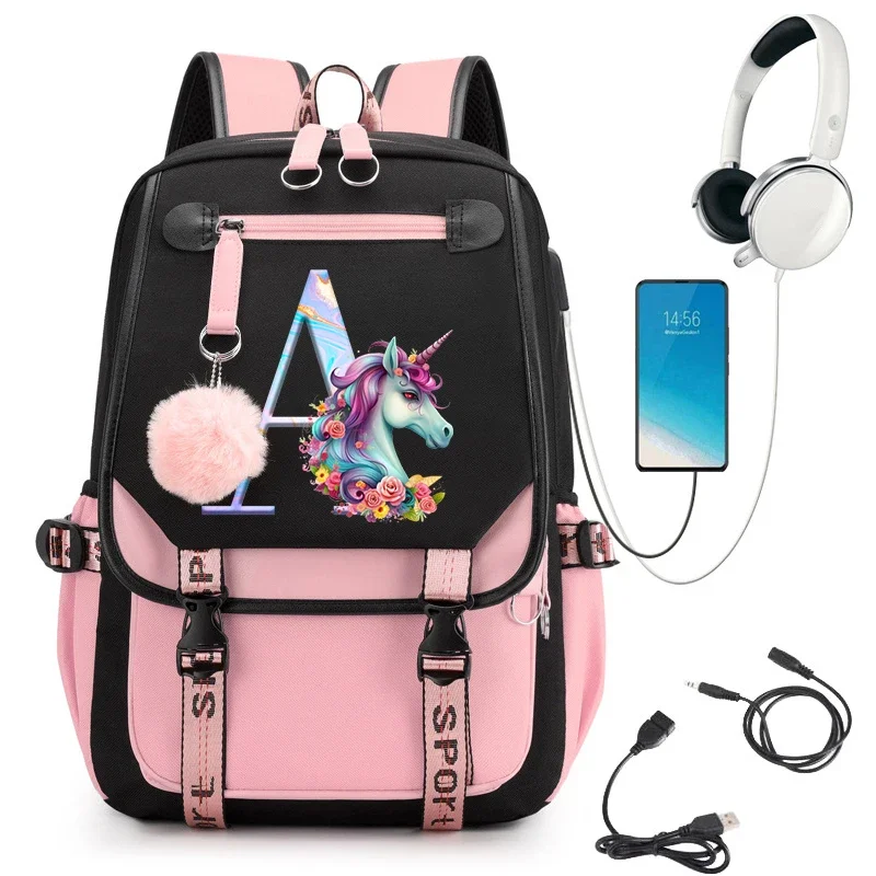 Unicorn Backpack Boys Girls College Bag Painting Letter Rose 26 Alphabet Youth School Y2k Fashion Zipper Travel Hiking Backpacks