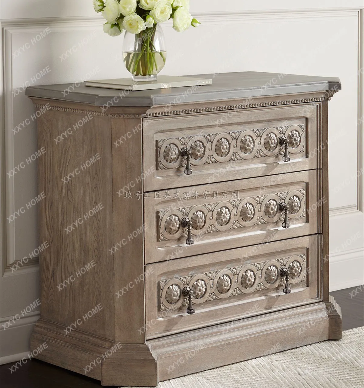 Solid wood furniture custom building revival classical all solid wood oak bedroom carved bedside table drawer