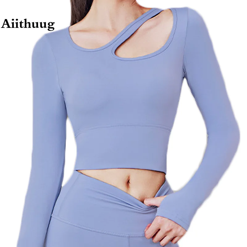 

Aiithuug Yoga Shirts Build-in Cup Gym Shirt Active Top Sexy Clavicle Crop Top Padded Sports Long Sleeve Workout Tops Thumb Hole