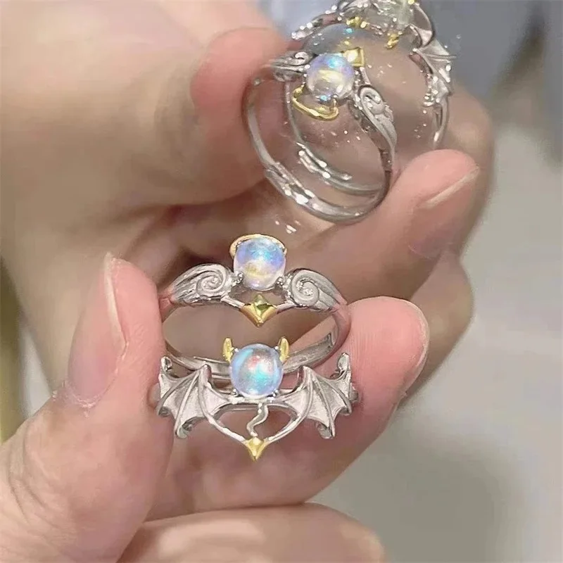 Romantic Angel and Demon Wings Couple Rings For Women Goth Fashion Moonstone Opening Finger Men's Ring Party Jewelry