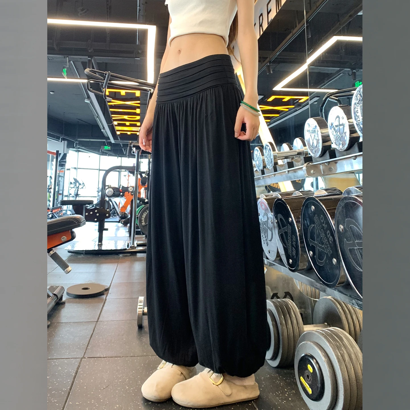 Gray Yoga Sports Pants Women's High Waist Loose Slimming Small Size Lazy Style Thin Ice Silk Cuffed Pants Summer New Arrival