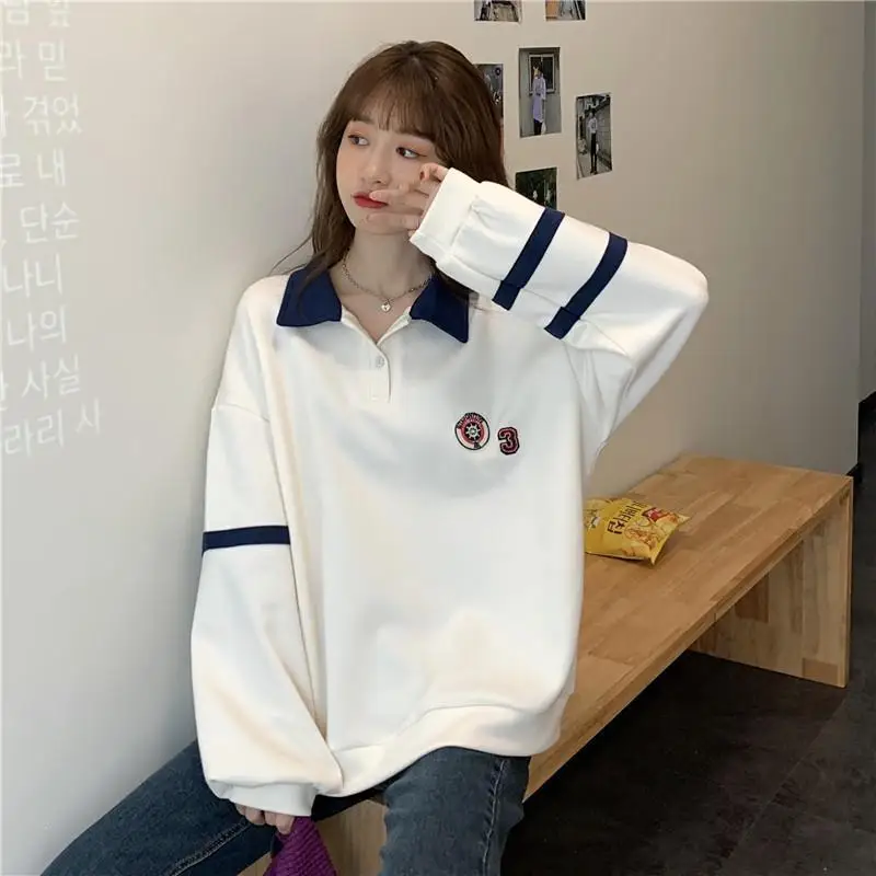 Contrast Polo Neck Loose Hoodies Spring Autumn New Long Sleeve Thin Street Casual Pullovers Top Casual Vintage Women Clothing