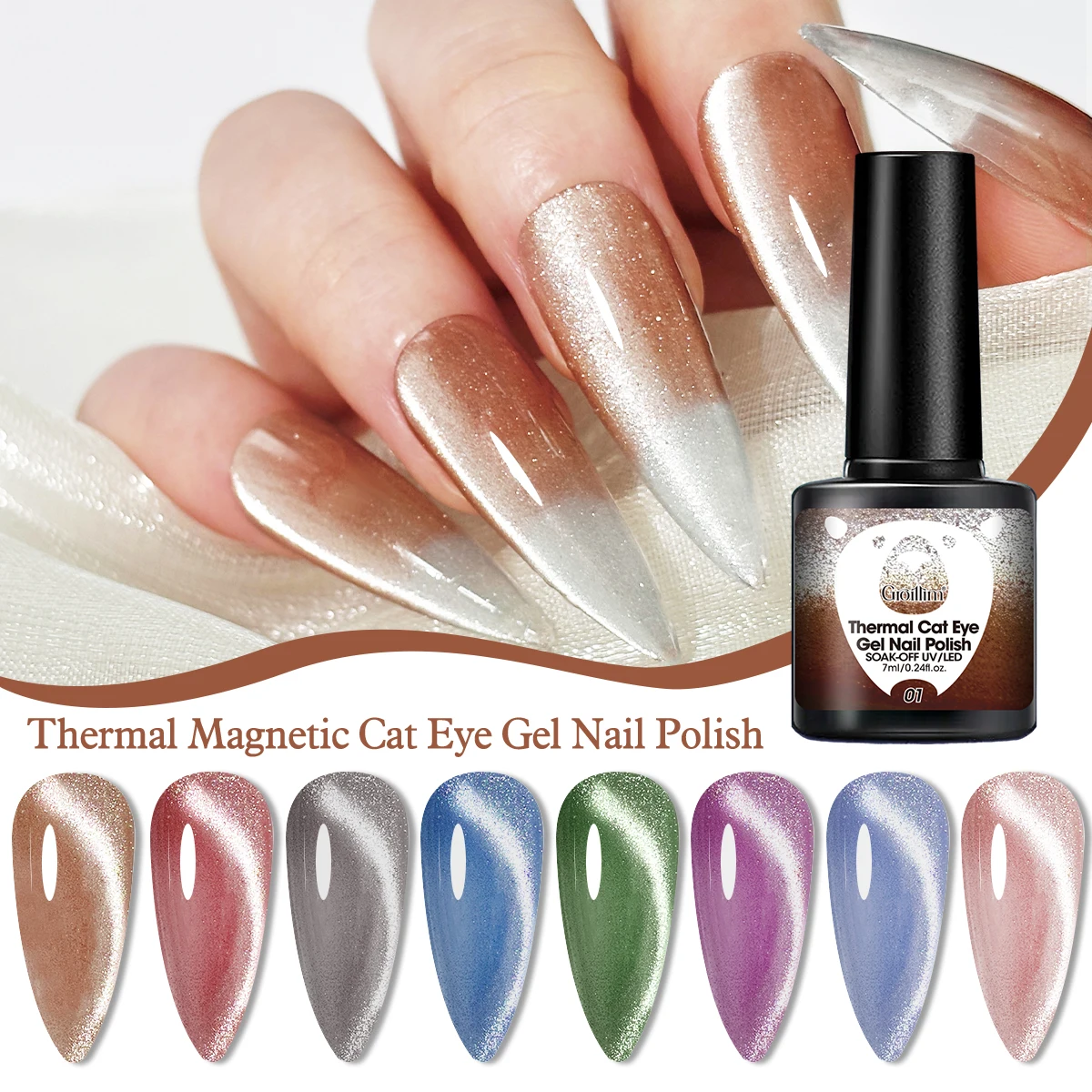 A bottle of color-changing, heat-sensitive gel nail polish, featuring gradient nail art, semi-permanent glitter, lead-free mater