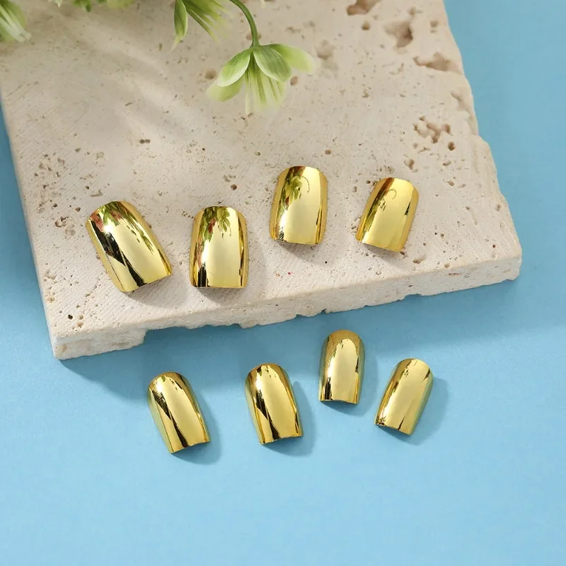 24pcs Solid Color Simple Glossy False Nails Full Coverage Removable Fake Nails Short Gold Mirror Press on Nails Tips with Tools